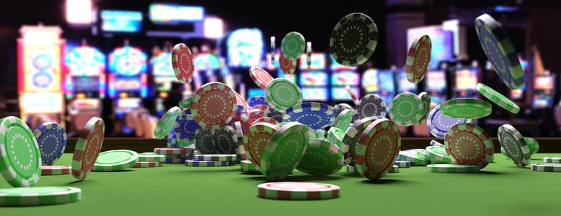 Poker chips falling on green felt roulette table, blur casino interior background. 3d illustration
