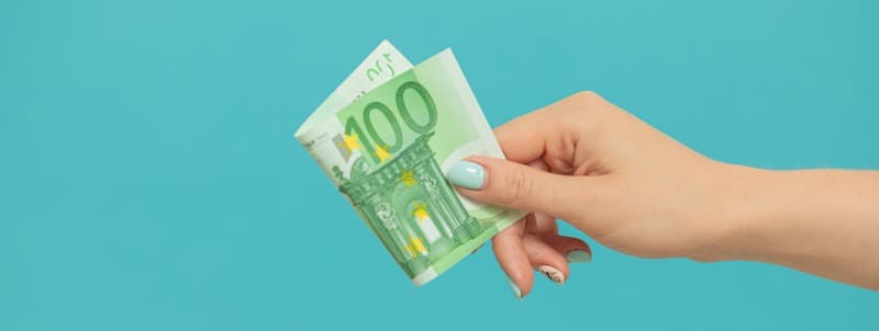 Female hands holding euro banknotes on a blue background.
