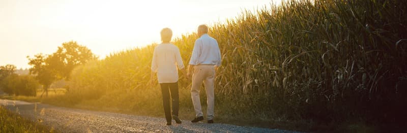 Senior woman and man having a walk along a field